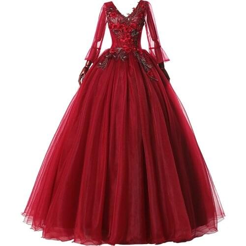 Quinceanera Dresses 2020 Luxury Embroidery Flower Applique Party Prom Ball Gown Full Sleeve Tulle Floor Length Vintage Dress