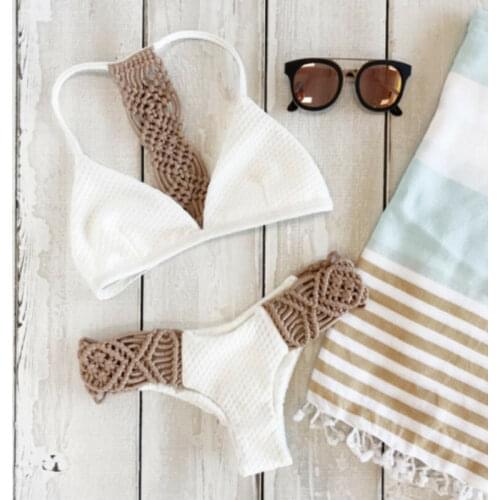 2020 Hot Knitted Bikini Set Women Summer Khaki Halter Swimwear Bikini Set Push-up Low Waist Bra Bathing Suit Swimsuit Hollow Out