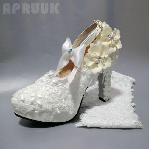 Luxury champagne flower wedding shoes woman handmade white lace ankle straps super high 11cm platforms ankle straps bride pump