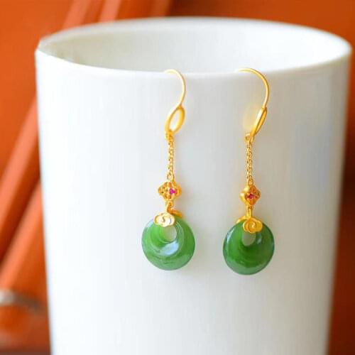 S925 Sterling Silver Gilding Xiangyun Vintage Earrings Womens Natural Hetian Jade Green Jade Safety Buckle Earrings Fairy Long