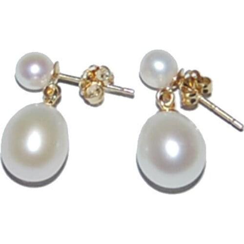 7-8mm&4-5mm Natural Freshwater White Round&Raindrop Pearl Dangle Earrings with 14 K Solid Yellow Gold Accessories