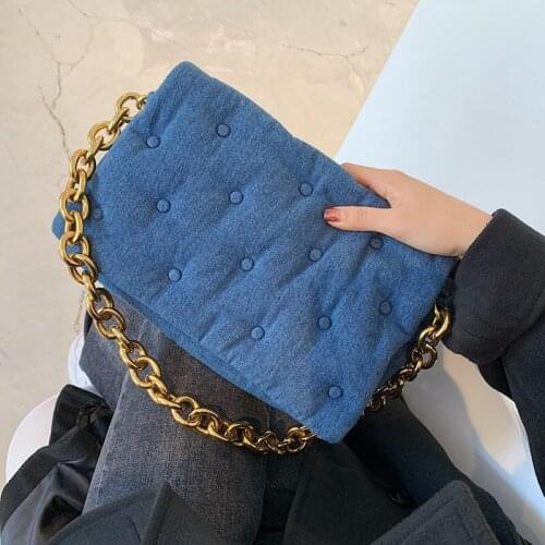 Metal Chain Shoulder Bag Branded Women Luxury Denim Underarm Bag Quilted Puff Clutch Bags Lady Small Flap Handbag Bolsa Feminina