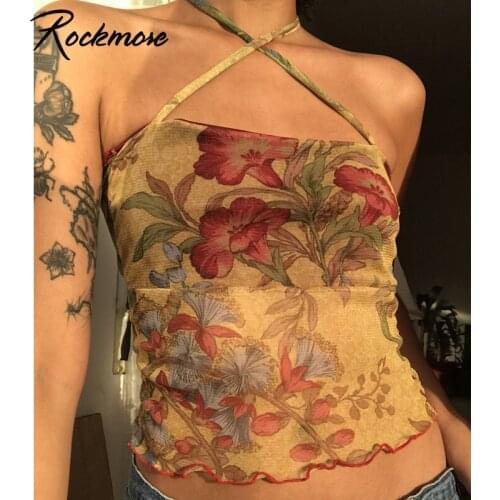 Rockmore Vintage Print Halter Camisole y2k Mesh Tanks Off Shoulder Crop Tube Top Women Corset Clubwear Summer Backless Tee 2021
