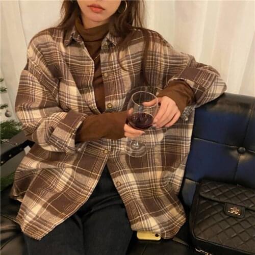 Casual Stylish Oversized Plaid Jacket Coat Women Spring Single Breasted Lapel Collar Outerwear Tops