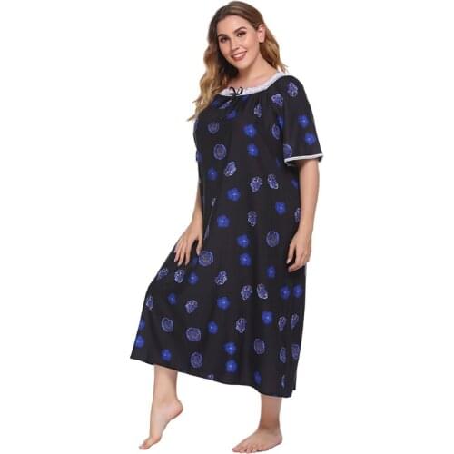 Spring Autumn Ladies Short-Sleeved Square Collar Printed Flowers Nightgowns Casual Loose Large Size Female Nightdress