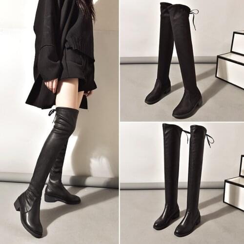Over-the-knee leather boots womens 2020 autumn and winter new slim boots women plus velvet flat elastic leather boots