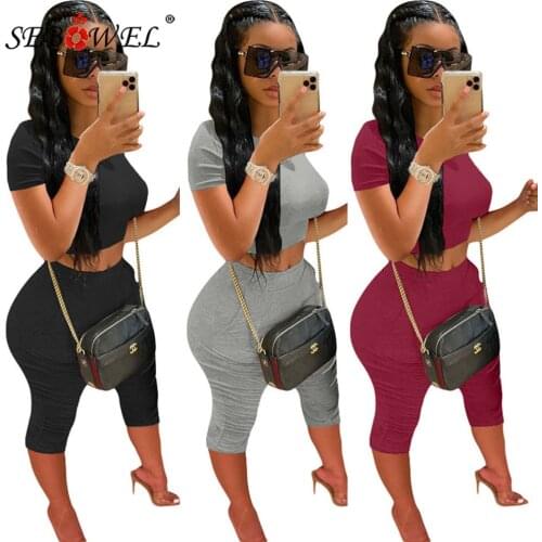 SEBOWEL 2020 Casual Lady Solid Color Sets Summer Woman Short Sleeve Cropped Top +Mid-waist Tight Pants Plus Size Clothes S-XXXL