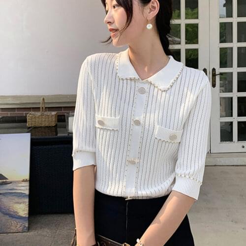 2021 New Summer White Womens Knitted Crop Cardigan Sweater Short Sleeve O Neck Bright Silk Sing-breasted Korean Women Clothes