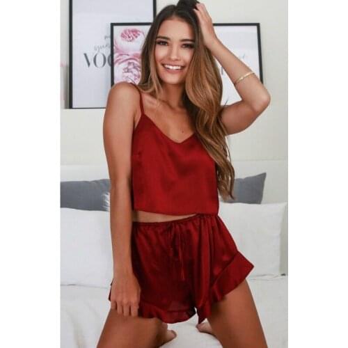 Women Satin Sling Sleepwear 2PC Babydoll Lingerie Nightwear Shorts Camisole Sets Sexy Pajama Nightwear V-neck Lingerie