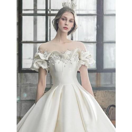 Off The Shoulder Flower Satin Wedding Dress 2021 New Floor Length Light Simple Bridal Robe De Mariee