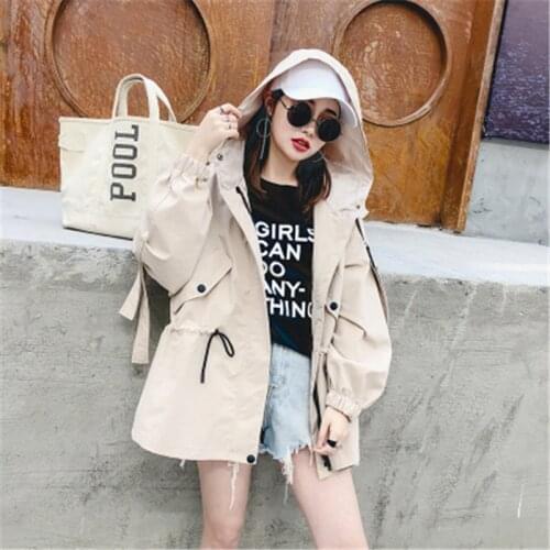 Harajuku Hooded Student Basic Coat Oversized Women Clothing Korean Spring Autumn 2021 Female Drawstring Waist Windbreaker Coat