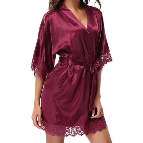 Womens Lady Sexy Lace Sleepwear Satin Nightwear Lingerie Pajamas Suit Robe Night Set Sexy Perspective Lounge Set Bathrobe