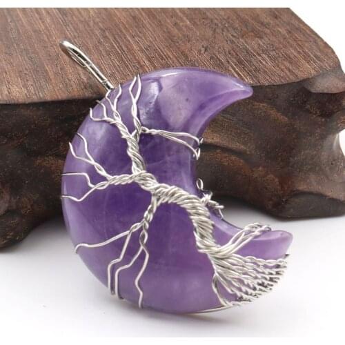 1PC Natural Crystal Pendant Tree Of Life Moon Shape Stone Quartz Mineral Jewelry for Men Women Jewelry Gifts Healing Stone