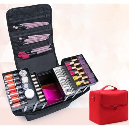 Travel Cosmetic Bag, 4 Layer Drawers Foldable Tray Open to The Sides, Portable Makeup Organizer Case, Earrings Necklace Storage