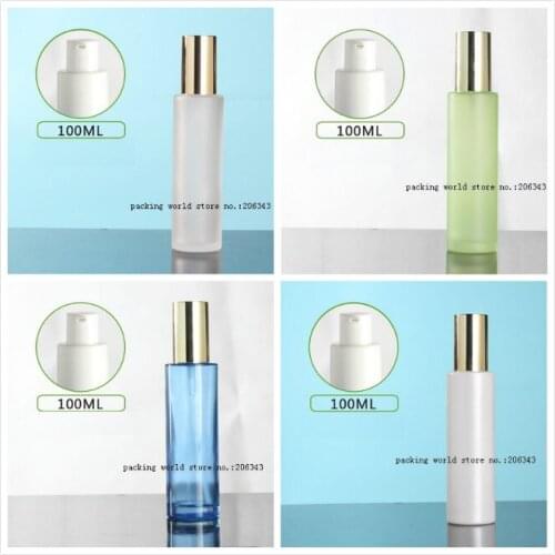 100ml frosted/green/blue/white glass pump bottle shiny gold lid for serum/lotion/emulsion/foundation/gel cosmetic packing