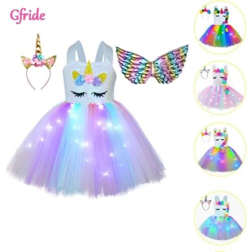 2021 New Summer Princess Girls Christmas Halloween Unicorn Sequins Costume For Kids Rainbow Dress With Headband Wings Clothing