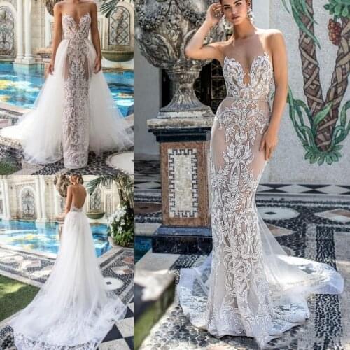 2021 Mermaid Wedding Dresses With Detachable Train Sheer Sweetheart Neck Lace Appliqued Bridal Gown Backless Reception Dress