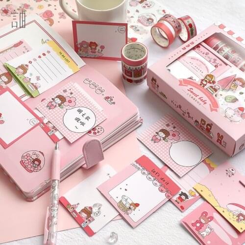 4 kinds of cute small fresh style design sticky note stickers masking tape set school office stationery