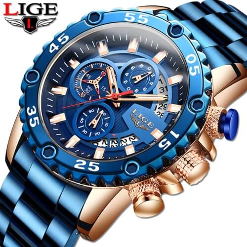 LIGE New Sports Watches Men Aircraft Pointer Luminous Quartz Watch 30M Waterproof Blue Full Steel Military Wrist Watch With Box