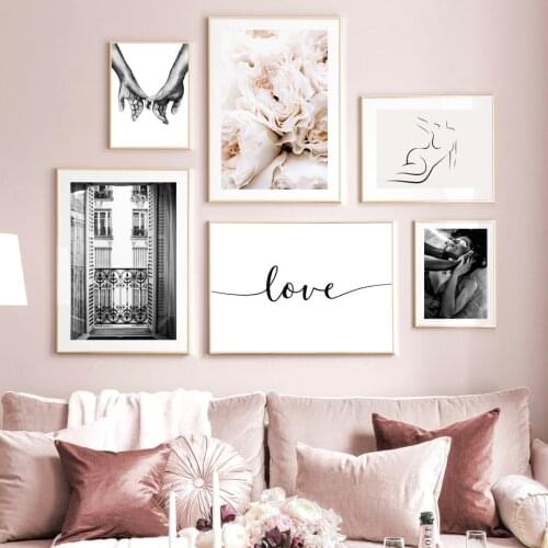 Blooming Roses Paris Window Hold hands Love Nordic Poster Wall Art Prints Canvas Painting Wall Pictures For Living Room Decor
