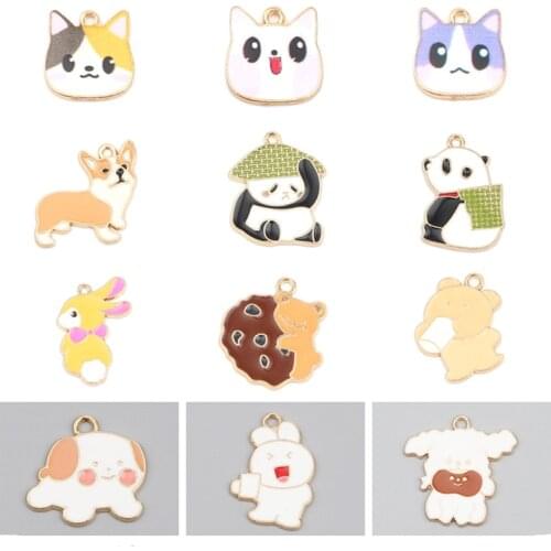 Doreen Box Handmade Cute Animals Dog Cat Panda Rabbit Charms Gold Color Metal Enamel DIY Making Earrings Women Jewelry,10PCs