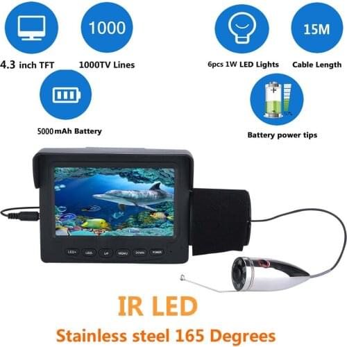 GAMWATER Stainless Steel 30M 15M 1000TVL Fish Finder Underwater Fishing Camera 4.3" TFT Monitor 6PCS 1W IR LED Night Vision
