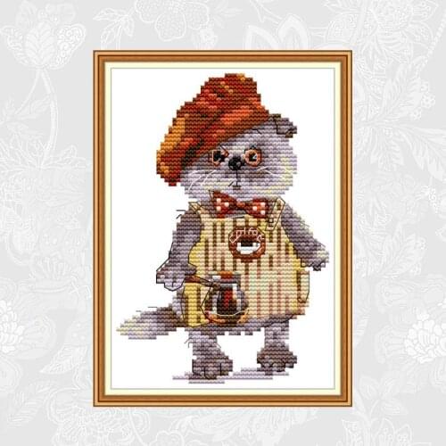 Joy Sunday Chinese Cross Stitch kits Cat And Coffee DMC 14CT 11CT Cotton Fabric Hotel Home Decor Painting Factory Wholesale