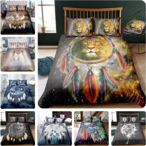 FANAIJIA Boho Animal Duvet Cover Set King Size Bedding Sets 3d Wolf Print Bed Setswith Pillowcases Feather Dream Catcher
