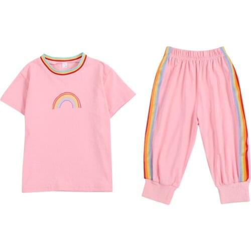 Girls' short sleeve suit 2021 summer dress new childrens leisure net red Capris two piece suit with foreign style and rainbow