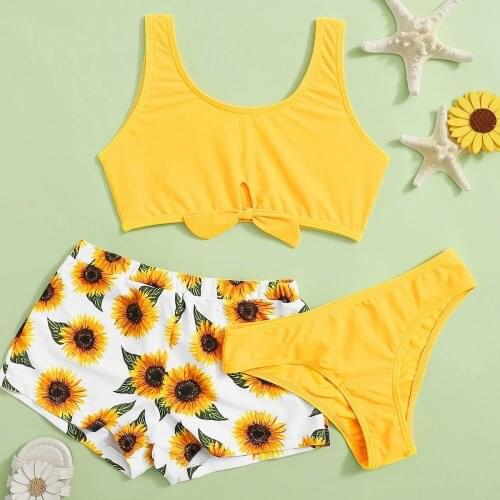 Sunflower Print Kids Swimwear For Girls Summer Cute Crisscross Sunflower Floral Print Three-piece Swimsuit Girls Bathing Suit