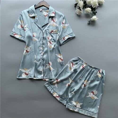 Summer print pajamas for women half silk home suit pajamas set home clothing sleepwear clothes and short