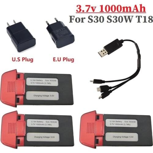 3.7V 1000mAh Lipo Battery + USB charger For SJRC S30W S30 T18 Drone RC Quadcopter Spare Parts for S30W 3.7v Rechargeable Battery