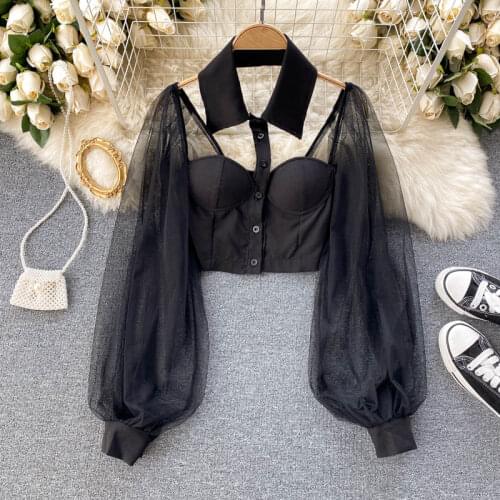Fashion Shirts Sexy Lady Crop Tops Chic Puff Sleeve Blouses Women Backless Short Tops Button Up Shirt for Woman
