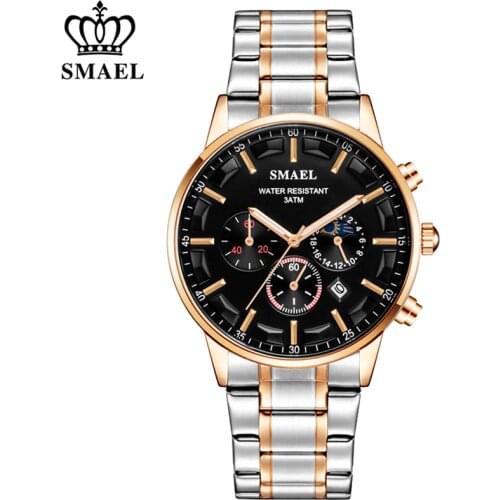 SMAEL Watch Men Chronograph Waterproof Quartz Gold Clock Stainless Steel Sport Mens Watches Luxury Mens Analog Wrist Watch