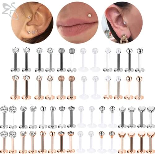 ZS 12-16pcs/lot Stainless Steel Labret Lip Monroe Piercing Set 16g Star Ball CZ Crystal Ear Tragus Helix Conch Piercings Jewelry