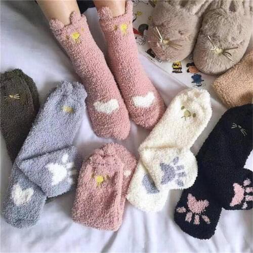 Winter Thicken Warm Womens Socks Cute Cat Paw Cartoon Colorful Lovely Sleeping Home Floor Bedroom Socks Harajuku Kawaii Girl Sox