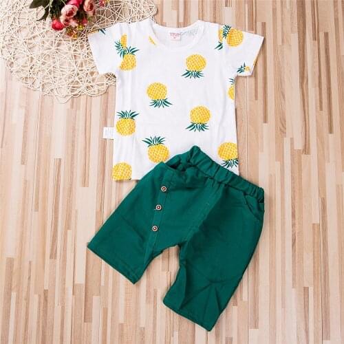6M-4T Summer Baby Boy Children Set Toddler Kids O-Neck Short Sleeve Pineapple Print T-Shirt + Elastic Waist Solid Color Shorts