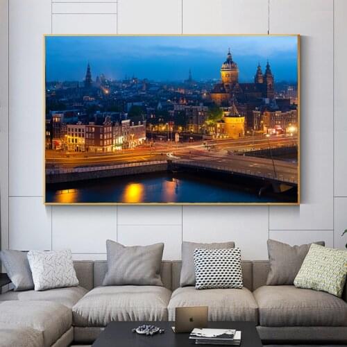 Skyline of Amsterdam Night View Cityscape Poster Netherlands Landscape Canvas Painting Prints Wall Art Pictures for Home Decor