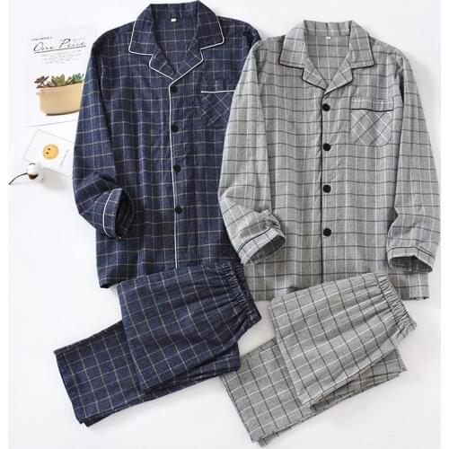 New spring and autumn mens plaid pajamas, cotton flannel home service large size long-sleeved trousers soft suit sleep wear men