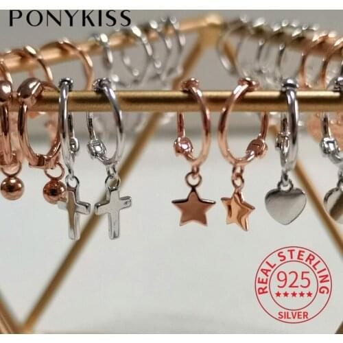 PONYKISS Trendy S925 Sterling Silver Geometry Moon Stars Huggie Hoop Earrings for Women Party Accessory Minimlist Jewelry
