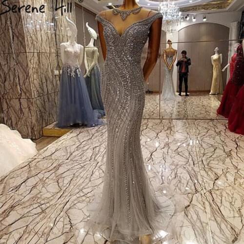 Luxury Dubai Arabic Gray Mermaid Robe De Soiree Sheer Evening Dresses Beaded Sequins Formal Dress Real Picture BLA6114