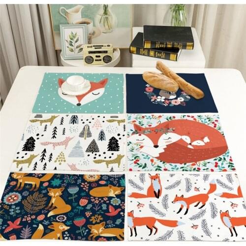 Cute Fox Cotton Linen Pad Dining Table Mats Coaster Bowl Cup Mat Pattern Kitchen Placemat 42*32cm Home Decor