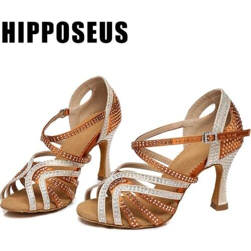 Hipposeus Women Dance-Shoes For Girls Ladies Ballroom Latin Modern Tango Dancing Shoes With Rhinestone Shoe Salsa Sandrals Heels