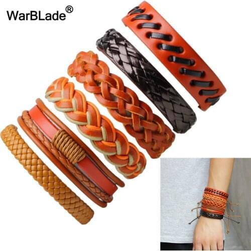 WarBLade 2018 New Genuine Leather Bracelets Vintage Multilayer Braid Bracelet Bangle Male Punk Wrap Wristband For Men Women 6pcs