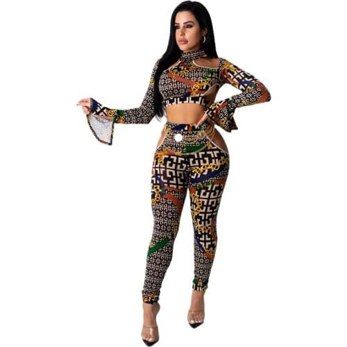 Womens Sexy 2 Piece Club Clothing-Long Sleeve Hollow Pullover Printed Skinny Pants Sets
