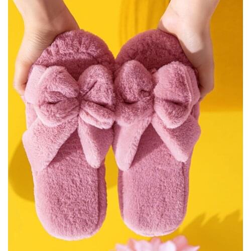 MCCKLE Women Slippers Winter Open Toe Bow Womens Home Cotton Shoes Ladies Comfort Soft Non-Slip Indoors Flats Female Slipper