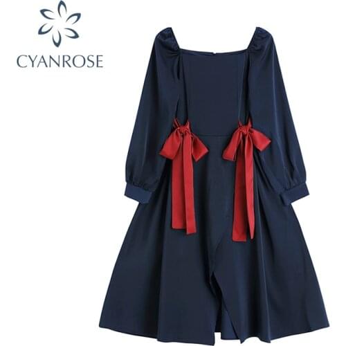 2020 Autumn Vintage French Dress Women Casual Elegant Bow Puff Sleeve Square Collar High Waist A Line Female Party Dresse