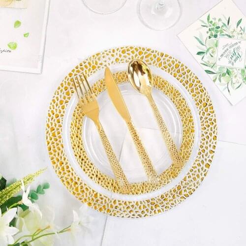 2021 New Style Golden Transparent Plate Disposable Plastic Plate Wedding party Party Dinner Plate