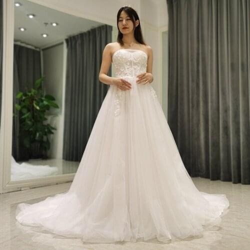 AmL 8322 wedding dress Boho style Bride white Party Strapless Off shoulder tulle summer white lace Elegant Fluffy Floral beach