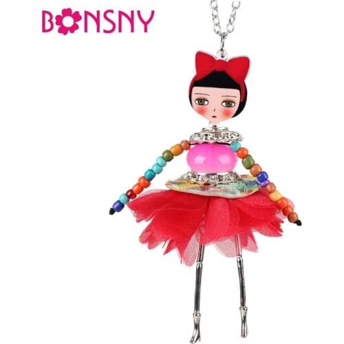 Bonsny Doll Necklace Red Dress New Pendant 2016 Acrylic Alloy Bowknot Girl Women Flower Figure Fashion Jewelry Accessories